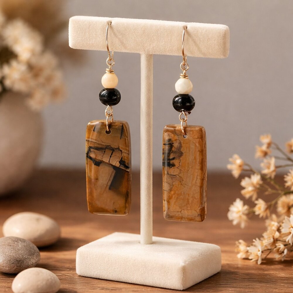 Evening, Elegant Yellow, Black Agate Citrine Earrings New - Hand Crafted